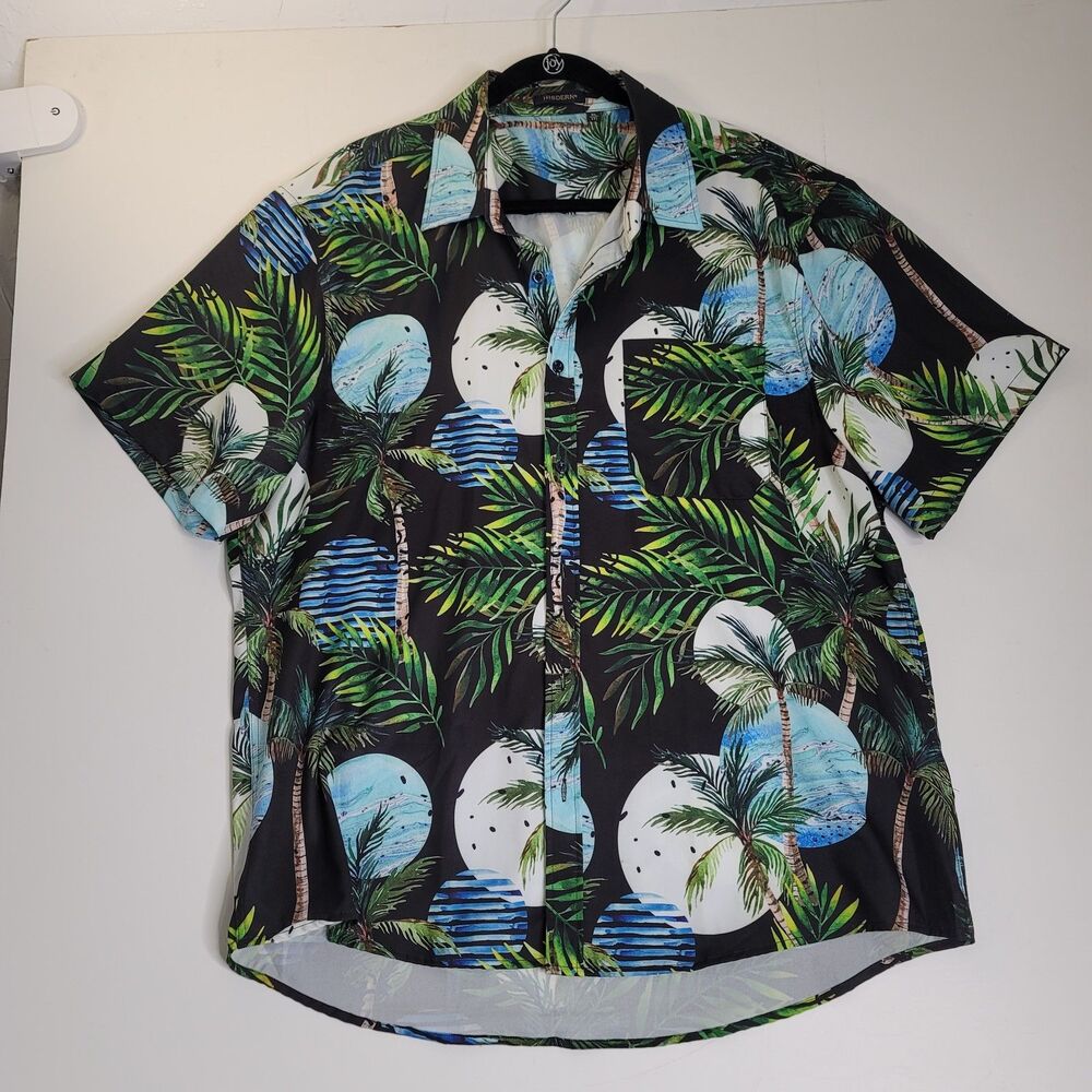 Hisdern Mens XL Hawaiian Shirt Black Palm Tree Tropical Beach Print Button Front